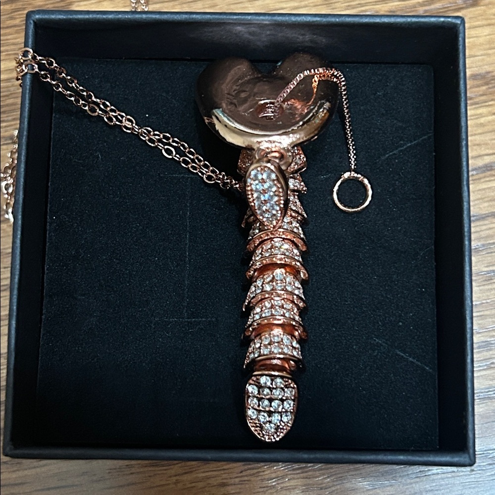 14K Rose Gold Plated Crystal Encrusted Snake Necklace NWOT With pouch and box.